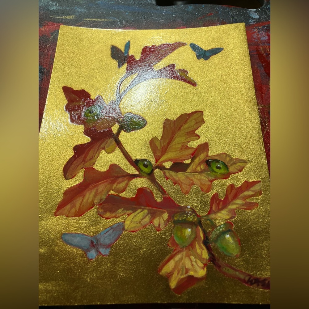 Original Butterfly painting oak acorn art nature gold surreal nouveau Artwork US - Picture 4 of 10
